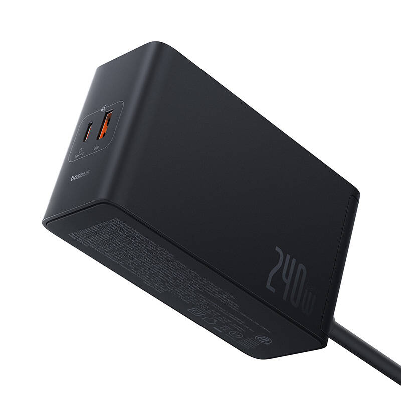 Skaitmeninis įkroviklis Baseus GaN, 3x USB-C + USB + DC, 240 W + kabelis 1 m (juodas)