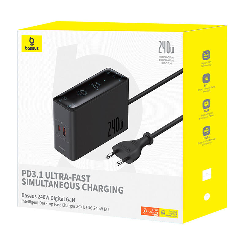 Skaitmeninis įkroviklis Baseus GaN, 3x USB-C + USB + DC, 240 W + kabelis 1 m (juodas)