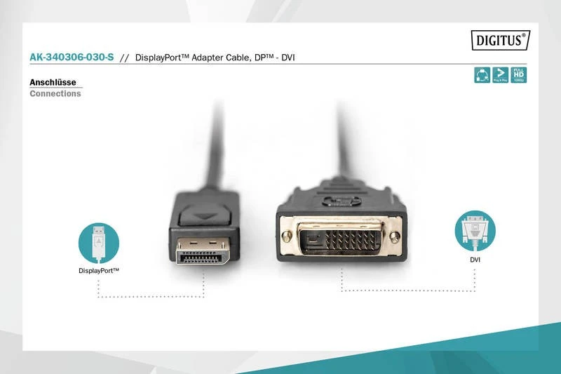 Assmann Electronic DIGITUS adapterio laidas DisplayPort DVI-D 24+1 M/M skaitmeninis Full HD Dual Link 3m AWG32