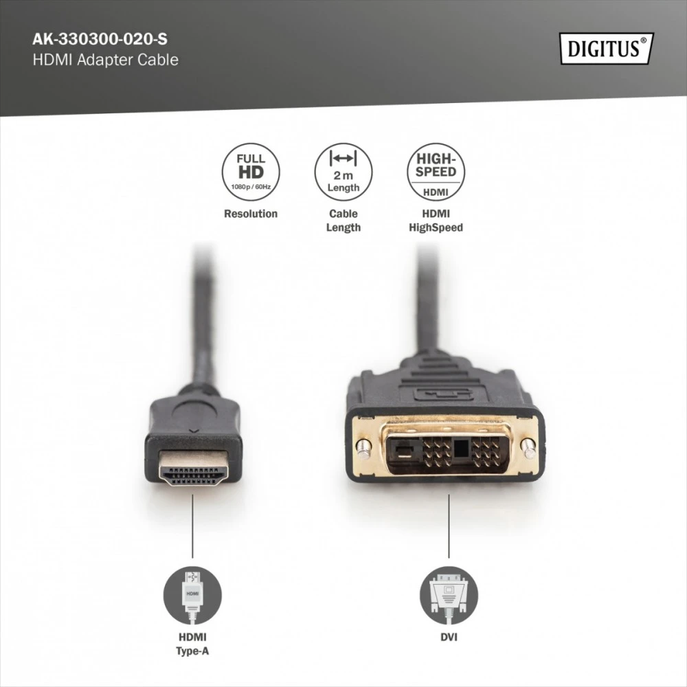 Assmann Electronic DIGITUS HDMI į DVI-D 18+1 laidas 2m juodas bulk St/St