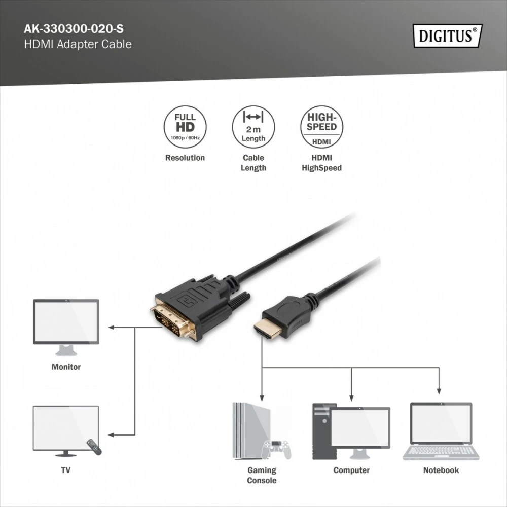 Assmann Electronic DIGITUS HDMI į DVI-D 18+1 laidas 2m juodas bulk St/St