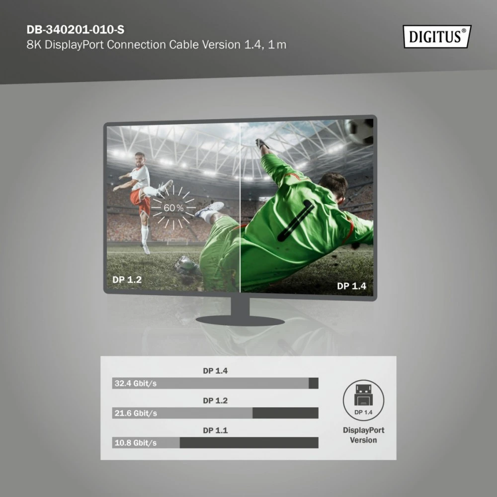 „Digitus“ | „DisplayPort“ jungties kabelis 1.4 | DB-340201-010-S | DP į DP | 1 m
