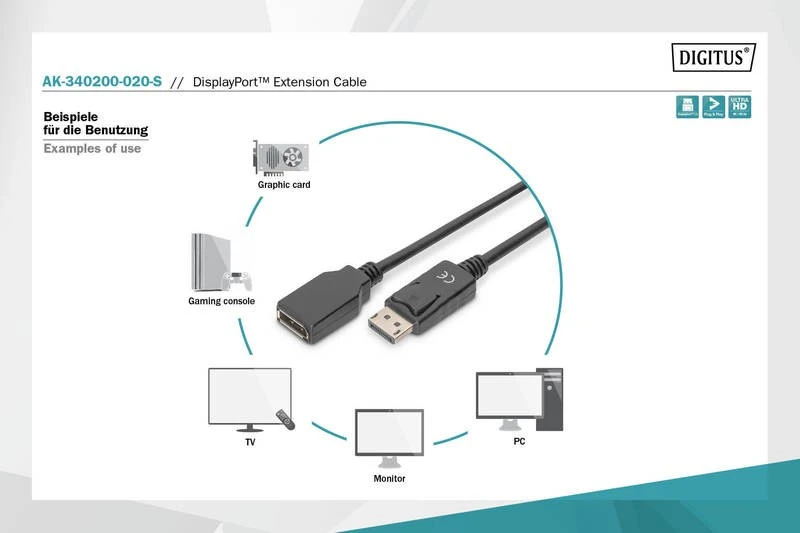 Assmann Electronic ASSMANN DisplayPort ilgintuvas AWG 28 2xshielded juodas DP M/DP F 2m
