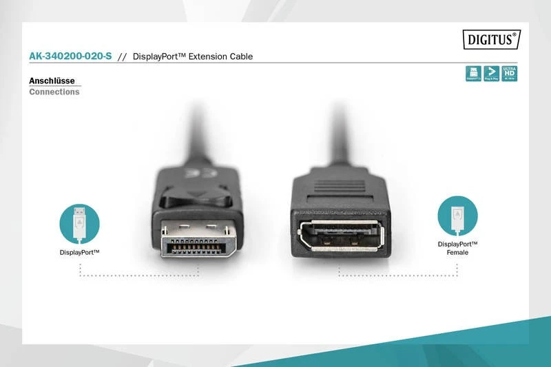 Assmann Electronic ASSMANN DisplayPort ilgintuvas AWG 28 2xshielded juodas DP M/DP F 2m