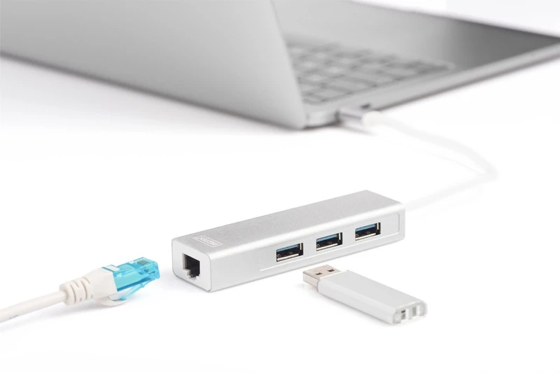 Assmann Electronic DIGITUS 3 Port USB 3.0 Type C Hub su Gigabit Ethernet 3xUSB A/F 1xUSB C/M 1xRJ45 LAN Palaiko Windows ir Mac OS
