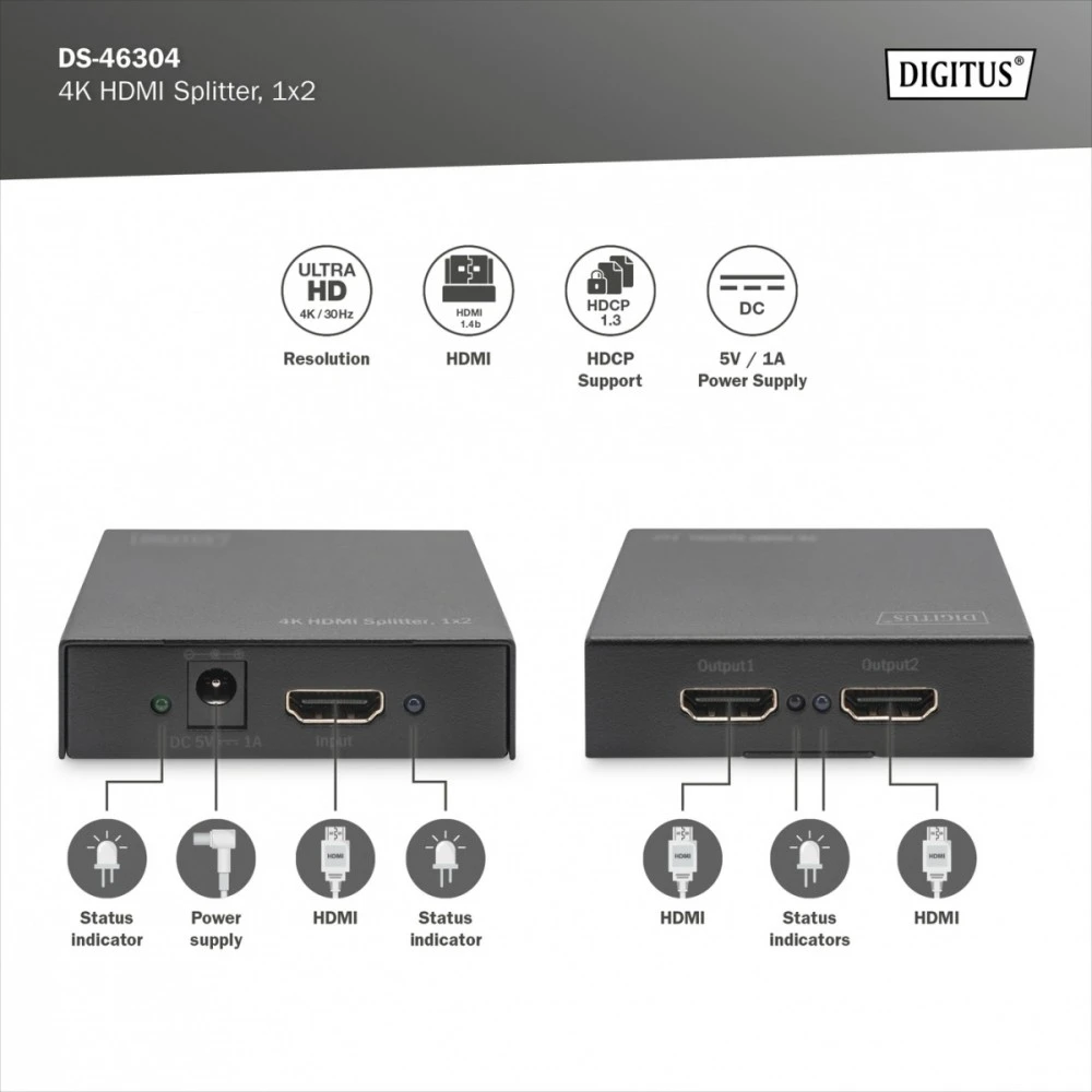 Šakotuvas Assmann Electronic Digitus DIGISTUS 4K HDMI Splitter 1x2 unterstuetzt 4K2K 3D Video Format Farbe juodas