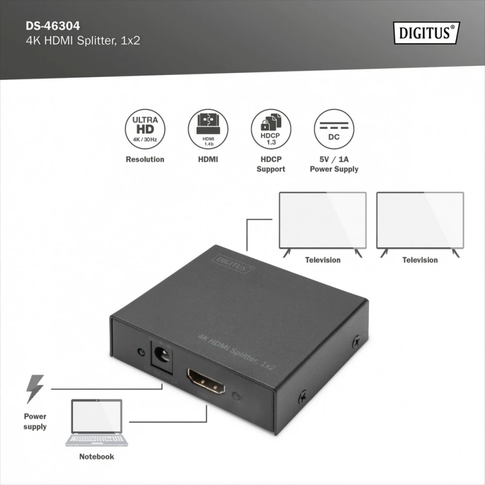 Šakotuvas Assmann Electronic Digitus DIGISTUS 4K HDMI Splitter 1x2 unterstuetzt 4K2K 3D Video Format Farbe juodas