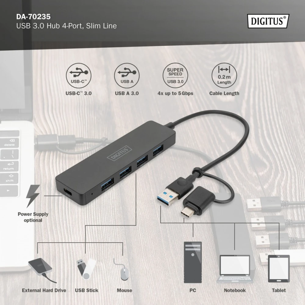 DIGITUS USB 3.0 šakotuvas, 4 prievadų, su USB-C adapteriu, DA-70235