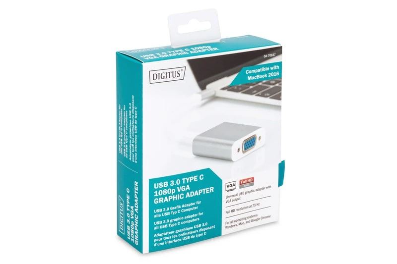 Assmann Electronic DIGITUS USB3.0 Typ C VGA grafinis adapteris Alu korpusas 20cm kabelio mikroschemų rinkinys VL100+IT6513 baltas