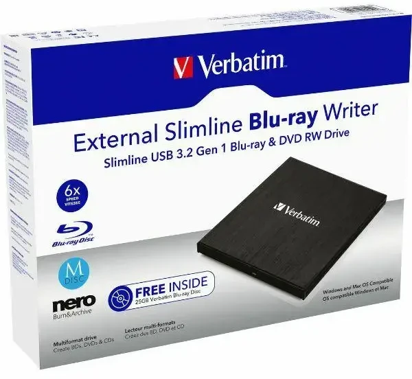 Diktofonas Verbatim Išorinis plonas Blu-ray įrašymo įrenginys + USB 3.0 laidas, juodas 43890