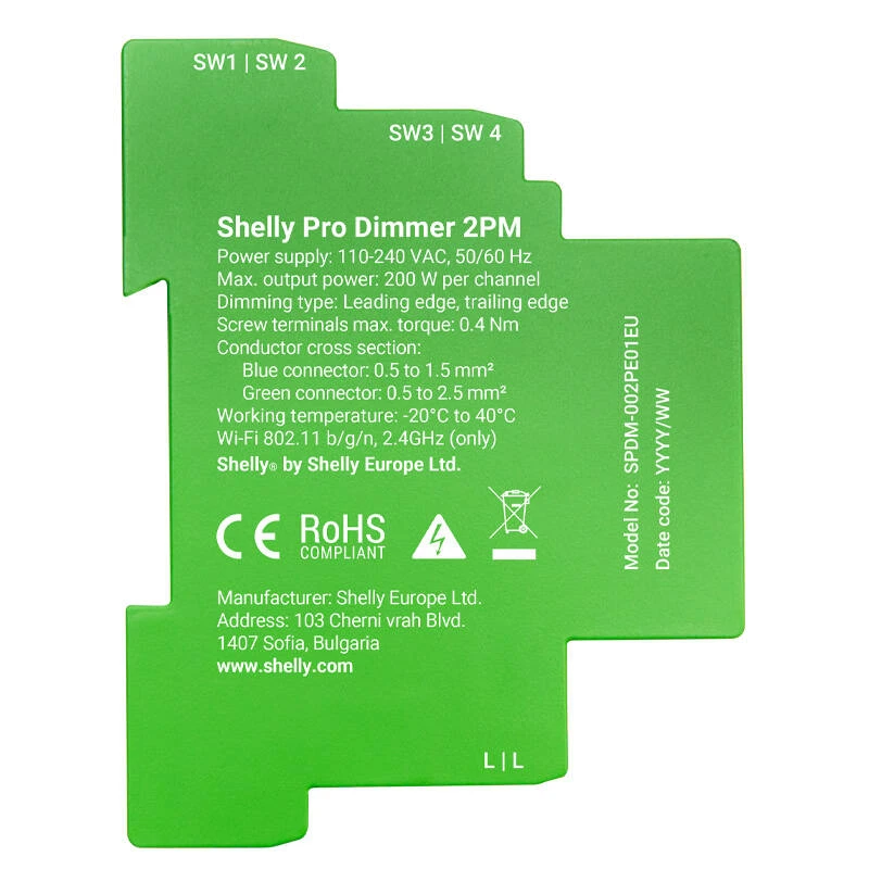 Shelly Pro Dimmer 2PM 2 kanalų pritemdymo modulis