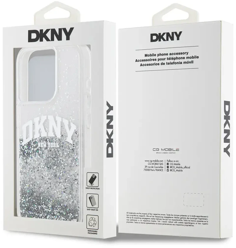 DKNY Liquid Glitter Arch Logo dėklas telefonui Apple iPhone 14 Pro skaidrus