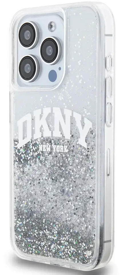 DKNY Liquid Glitter Arch Logo dėklas telefonui Apple iPhone 14 Pro skaidrus
