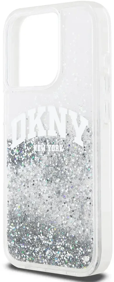 DKNY Liquid Glitter Arch Logo dėklas telefonui Apple iPhone 14 Pro skaidrus