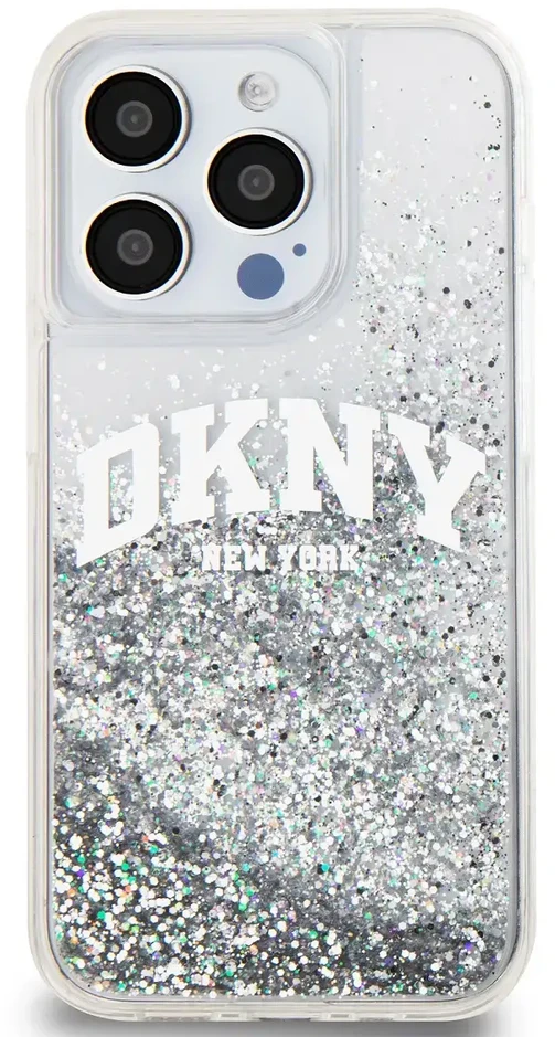 DKNY Liquid Glitter Arch Logo dėklas telefonui Apple iPhone 14 Pro skaidrus