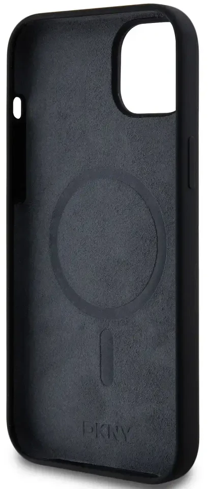 Apple iPhone 14 Plus / 15 Plus DKNY dėklas Liquid Silicone Baltas Printed Logo MagSafe (DKHMP15MSNYACH) juodos spalvos