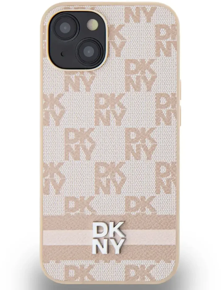 Apple iPhone 13 / 14 / 15 DKNY odinis dėklas Checkered Mono Pattern & Printed Stripes (DKHCP14SPCPTSSP) rožinės spalvos