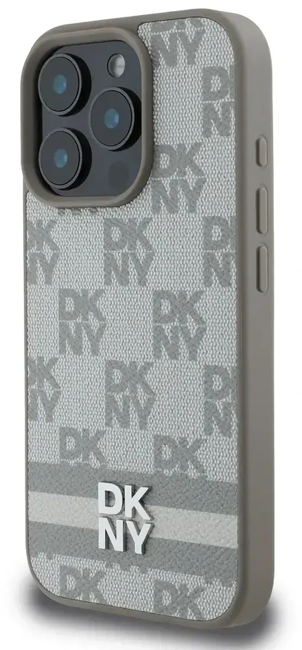 Dėklas DKNY PU odos languotų raštų ir juostelių Apple iPhone 16 Pro rusvai gelsvas