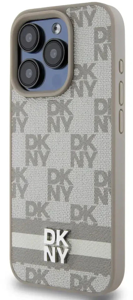 DKNY PU Leather Checkered Pattern and Stripe dėklas telefonui Apple iPhone 14 Pro rusvai gelsvas