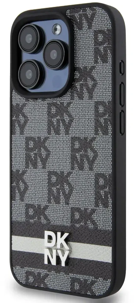 Apple iPhone 14 Pro DKNY odinis dėklas Checkered Mono Pattern & Printed Stripes (DKHCP14LPCPTSSK) juodos spalvos
