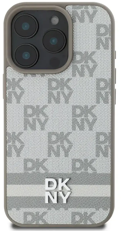 Dėklas DKNY PU odos languotų raštų ir juostelių Apple iPhone 16 Pro rusvai gelsvas