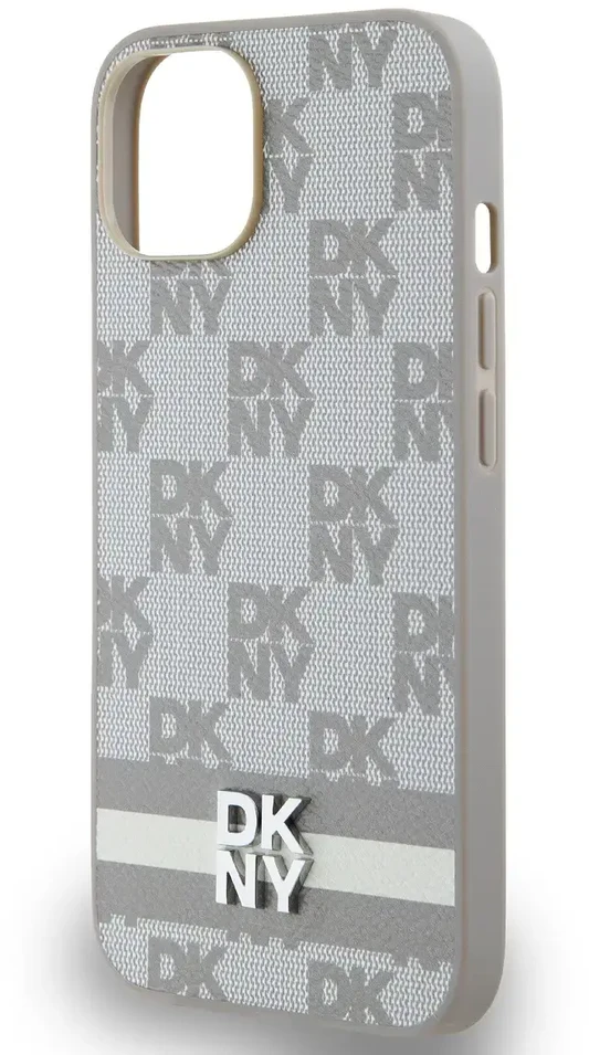 DKNY PU Leather Checkered Pattern and Stripe dėklas telefonui Apple iPhone 15 rusvai gelsvas