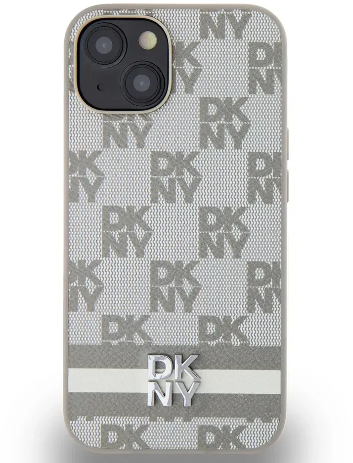 DKNY PU Leather Checkered Pattern and Stripe dėklas telefonui Apple iPhone 15 rusvai gelsvas