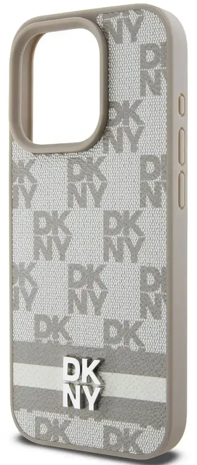 DKNY PU Leather Checkered Pattern and Stripe dėklas telefonui Apple iPhone 14 Pro Max rusvai gelsvas