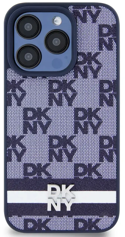 DKNY PU Leather Checkered Pattern and Stripe dėklas telefonui Apple iPhone 15 Pro Max mėlynos spalvos