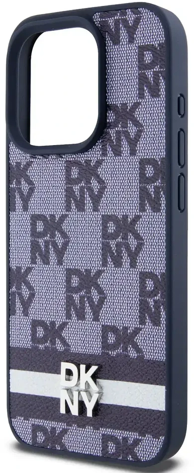 DKNY PU Leather Checkered Pattern and Stripe dėklas telefonui Apple iPhone 15 Pro mėlynos spalvos