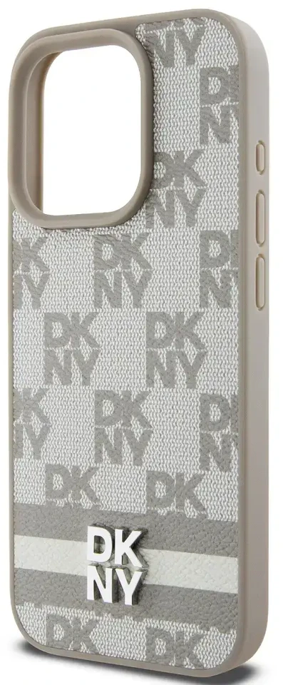 DKNY PU Leather Checkered Pattern and Stripe dėklas telefonui Apple iPhone 13 Pro rusvai gelsvas