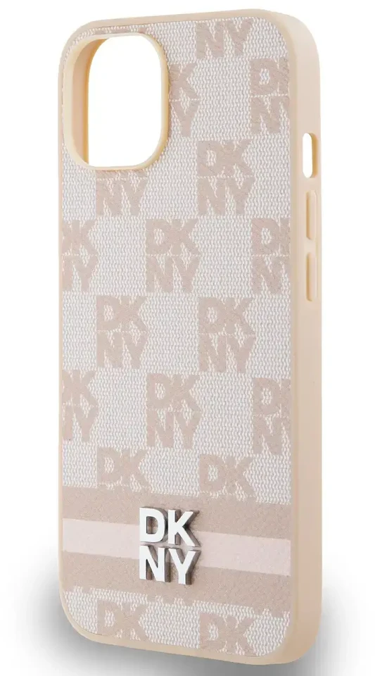 Apple iPhone 13 / 14 / 15 DKNY odinis dėklas Checkered Mono Pattern & Printed Stripes (DKHCP14SPCPTSSP) rožinės spalvos