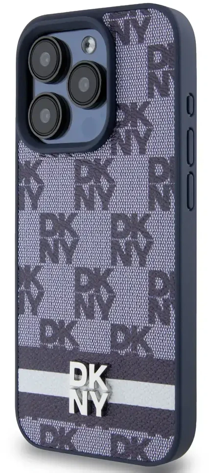 DKNY PU Leather Checkered Pattern and Stripe dėklas telefonui Apple iPhone 15 Pro Max mėlynos spalvos