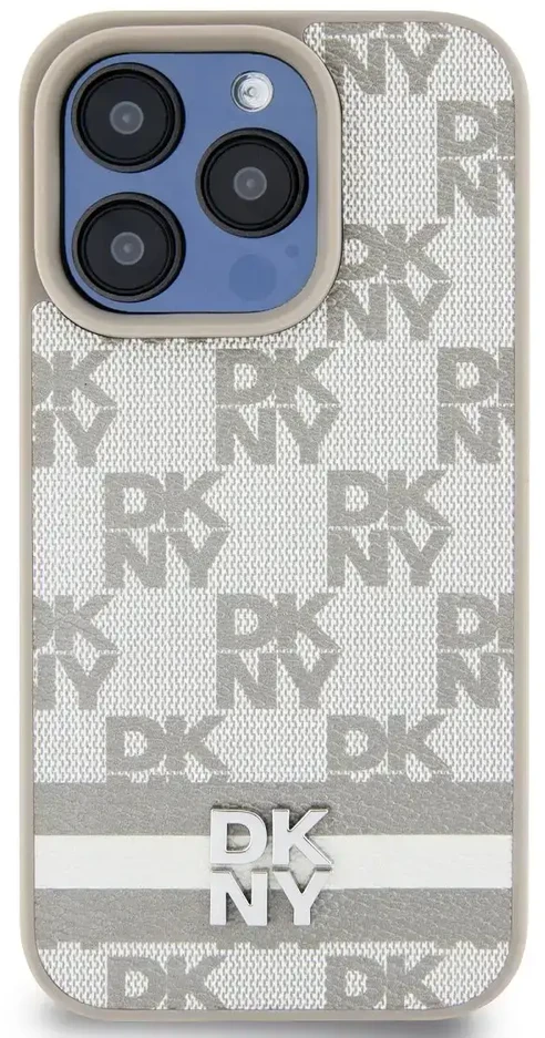DKNY PU Leather Checkered Pattern and Stripe dėklas telefonui Apple iPhone 15 Pro Max rusvai gelsvas