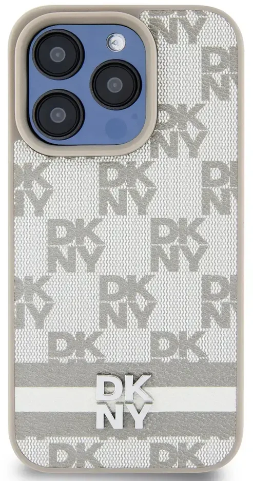 DKNY PU Leather Checkered Pattern and Stripe dėklas telefonui Apple iPhone 14 Pro rusvai gelsvas