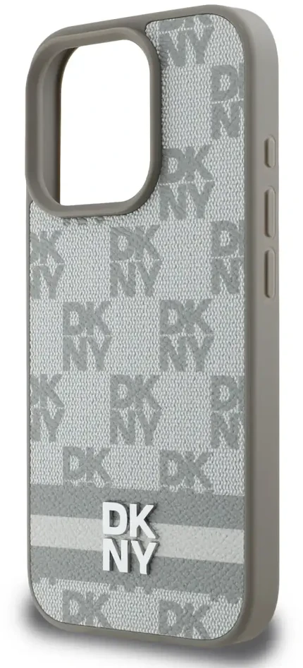 Dėklas DKNY PU odos languotų raštų ir juostelių Apple iPhone 16 Pro rusvai gelsvas