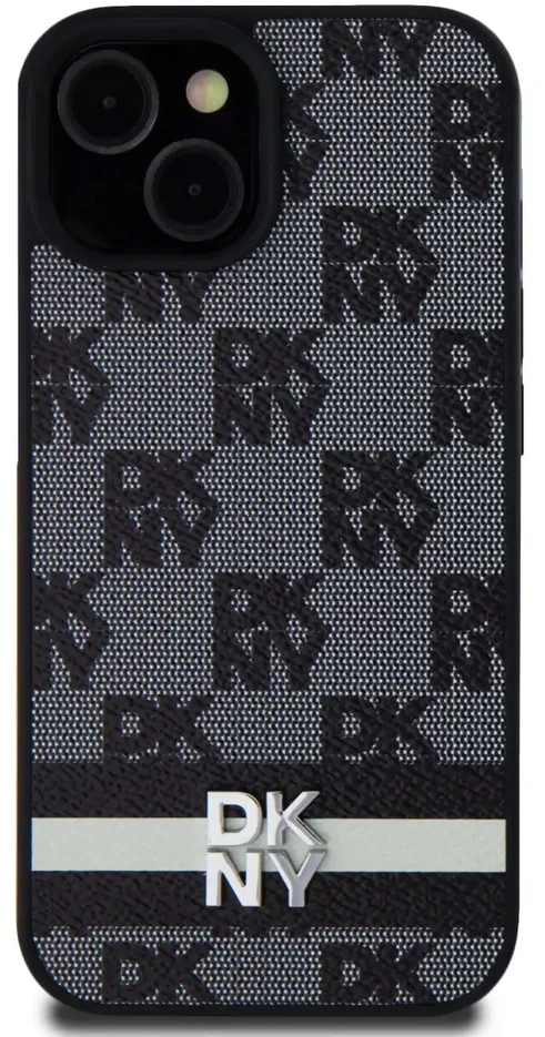 Apple iPhone 13 / 14 / 15 DKNY odinis dėklas Checkered Mono Pattern & Printed Stripes (DKHCP15SPCPTSSK) juodos spalvos