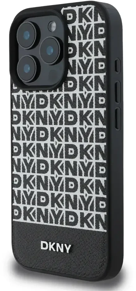 DKNY PU Leather Repeat Pattern Bottom Stripe MagSafe Apple iPhone 16 Pro dėklas telefonui juodos spalvos