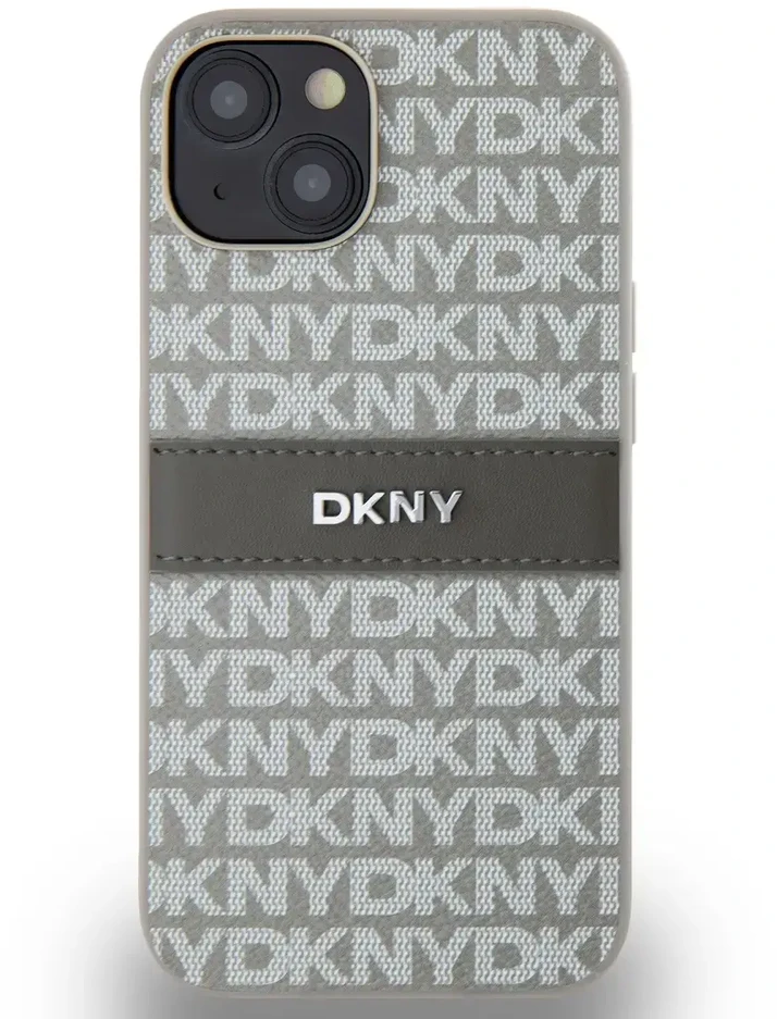 Apple iPhone 13 / 14 / 15 DKNY odinis dėklas Mono Stripe & Metal Logo (DKHCP14SPRTHSLE) beige