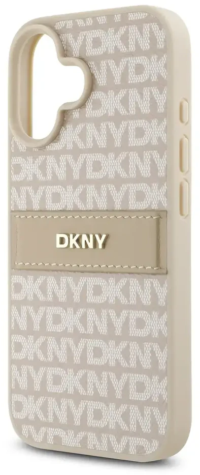 DKNY PU Leather Repeat Pattern Tonal Stripe Apple iPhone 16 Plus dėklas telefonui rožinės spalvos