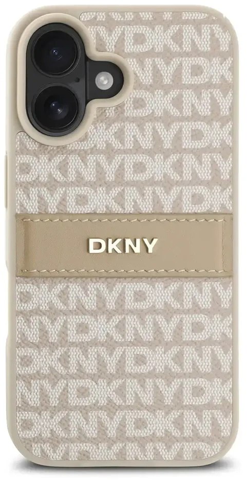 DKNY PU Leather Repeat Pattern Tonal Stripe Apple iPhone 16 Plus dėklas telefonui rožinės spalvos