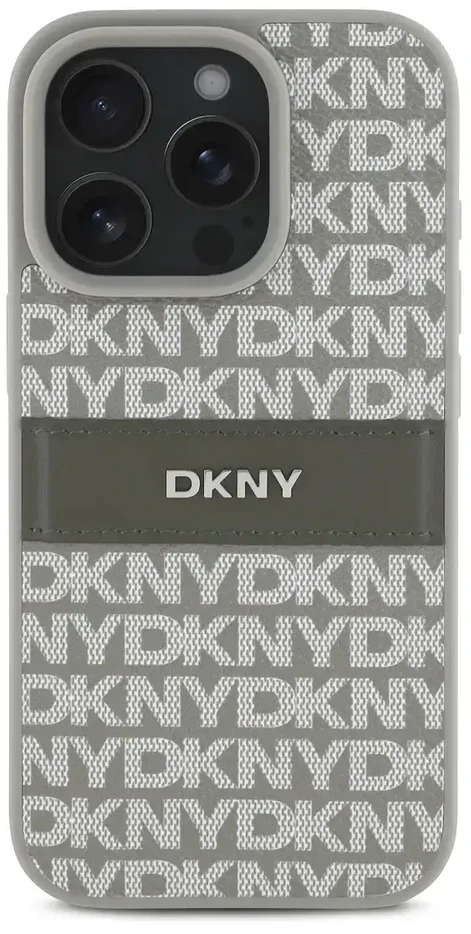 DKNY PU Leather Repeat Pattern Tonal Stripe Apple iPhone 16 Pro Max dėklas telefonui smėlio spalvos