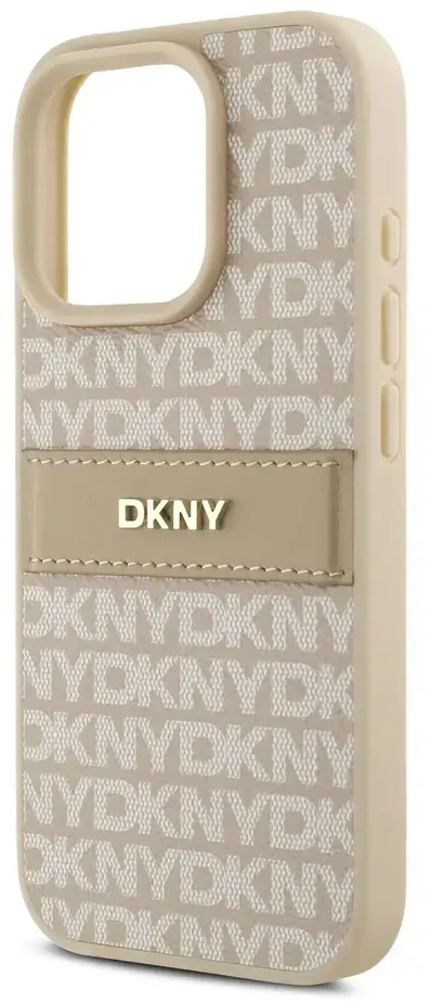 DKNY PU Leather Repeat Pattern Tonal Stripe Apple iPhone 16 Pro Max dėklas telefonui rožinės spalvos