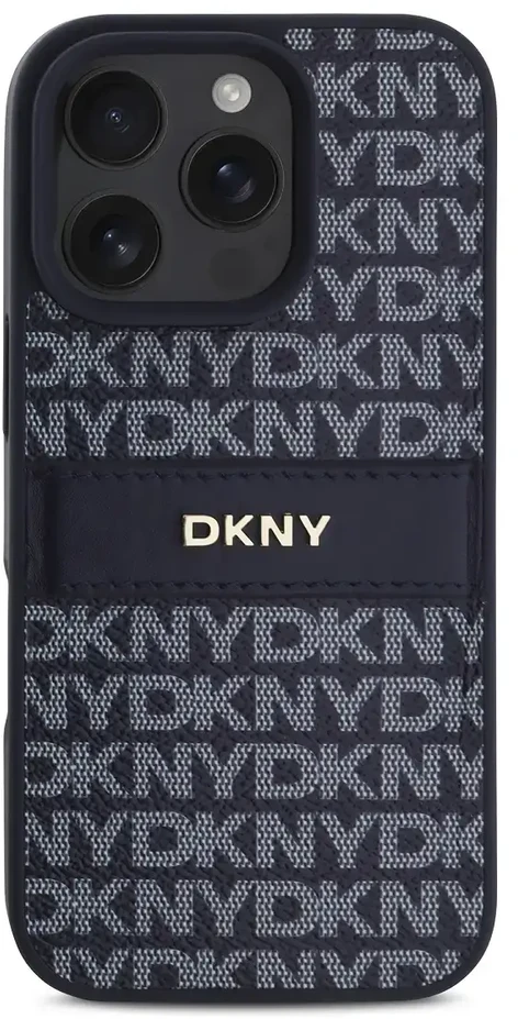 DKNY PU Leather Repeat Pattern Tonal Stripe Apple iPhone 16 Pro dėklas telefonui mėlynos spalvos