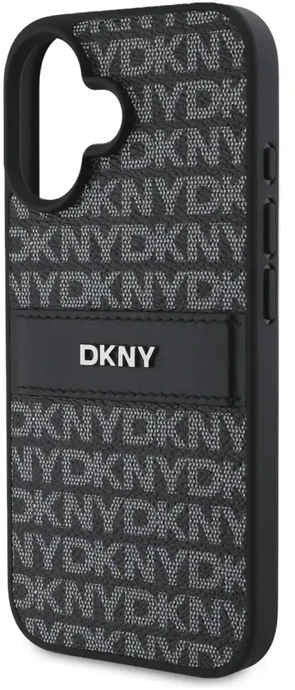 DKNY PU Leather Repeat Pattern Tonal Stripe Apple iPhone 16 Plus dėklas telefonui juodos spalvos