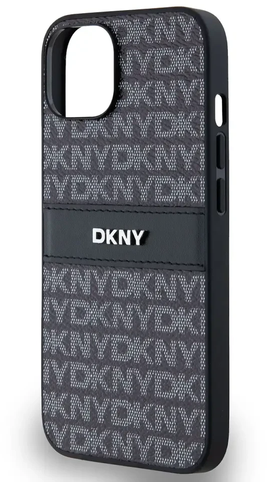 DKNY DKHCP14SPRTHSLK Apple iPhone 14 15 13 6.1″ juodos spalvos kietas dėklas Leather Mono Stripe & Metal Logo