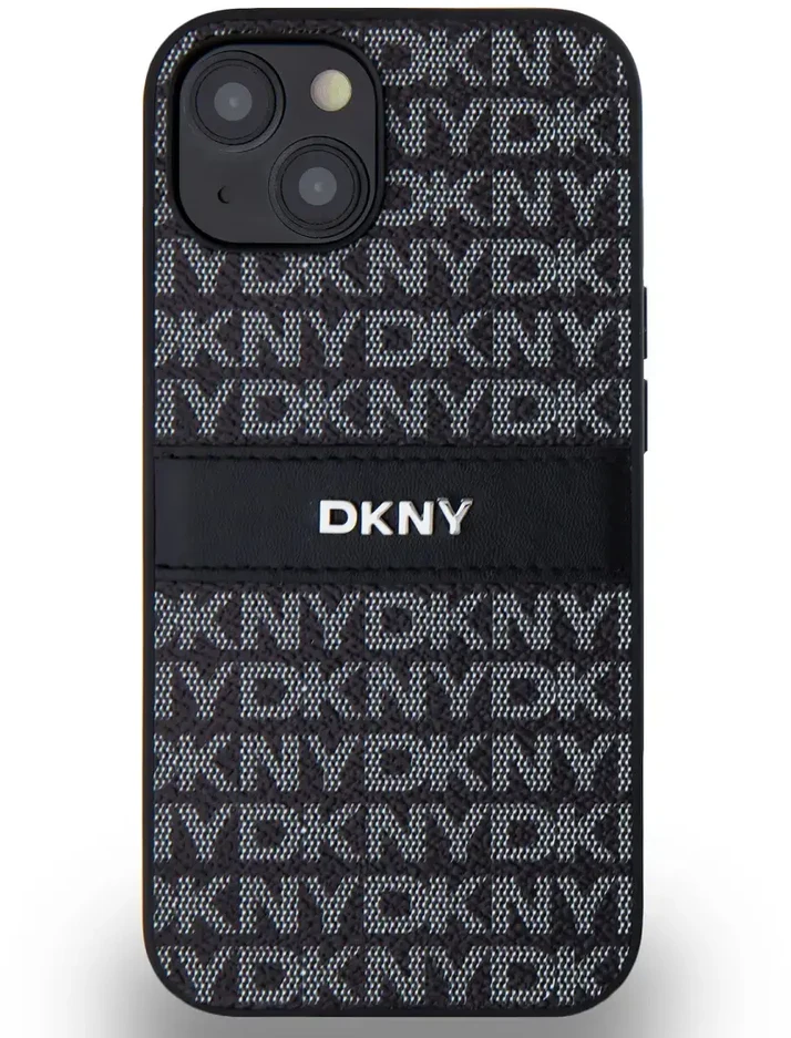 DKNY DKHCP14SPRTHSLK Apple iPhone 14 15 13 6.1″ juodos spalvos kietas dėklas Leather Mono Stripe & Metal Logo