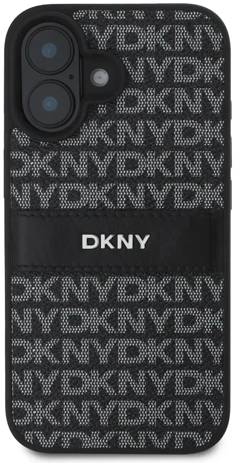 DKNY PU Leather Repeat Pattern Tonal Stripe Apple iPhone 16 Plus dėklas telefonui juodos spalvos