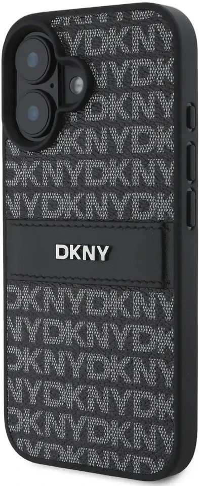 DKNY PU Leather Repeat Pattern Tonal Stripe Apple iPhone 16 Plus dėklas telefonui juodos spalvos