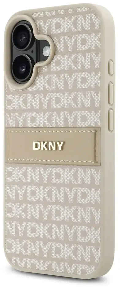 DKNY PU Leather Repeat Pattern Tonal Stripe Apple iPhone 16 Plus dėklas telefonui rožinės spalvos